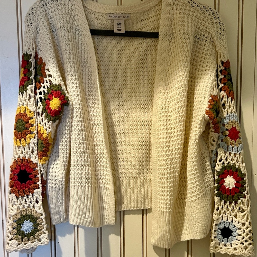 Sincerely Jules Cream Cardigan with Colorful Crochet Sleeves